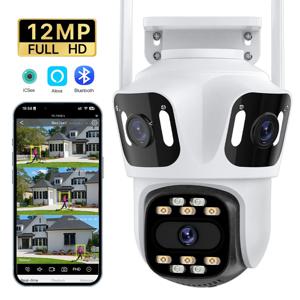 3개의 렌즈 3개의 화면 IP 12MP 카메라 WiFi 외부 듀얼 렌즈 자동 트랙 보안 PTZ 8MP HD 카메라 iCsee 비디오 감시