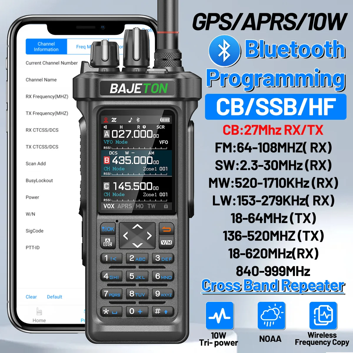 BAJETON BJ-9000 GPS APRS 워키토키 10W CB 27Mhz CB/SSB/HF 블루투스 프로그래밍 NOAA 단파 라디오 RT-950PRO RT-950용