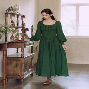 티이하일리 여성 코튼 드레스 풀 랜턴 슬리브 롱 맥시 여성용 S-XL 빈티지 하이 웨이스트 2025 그린