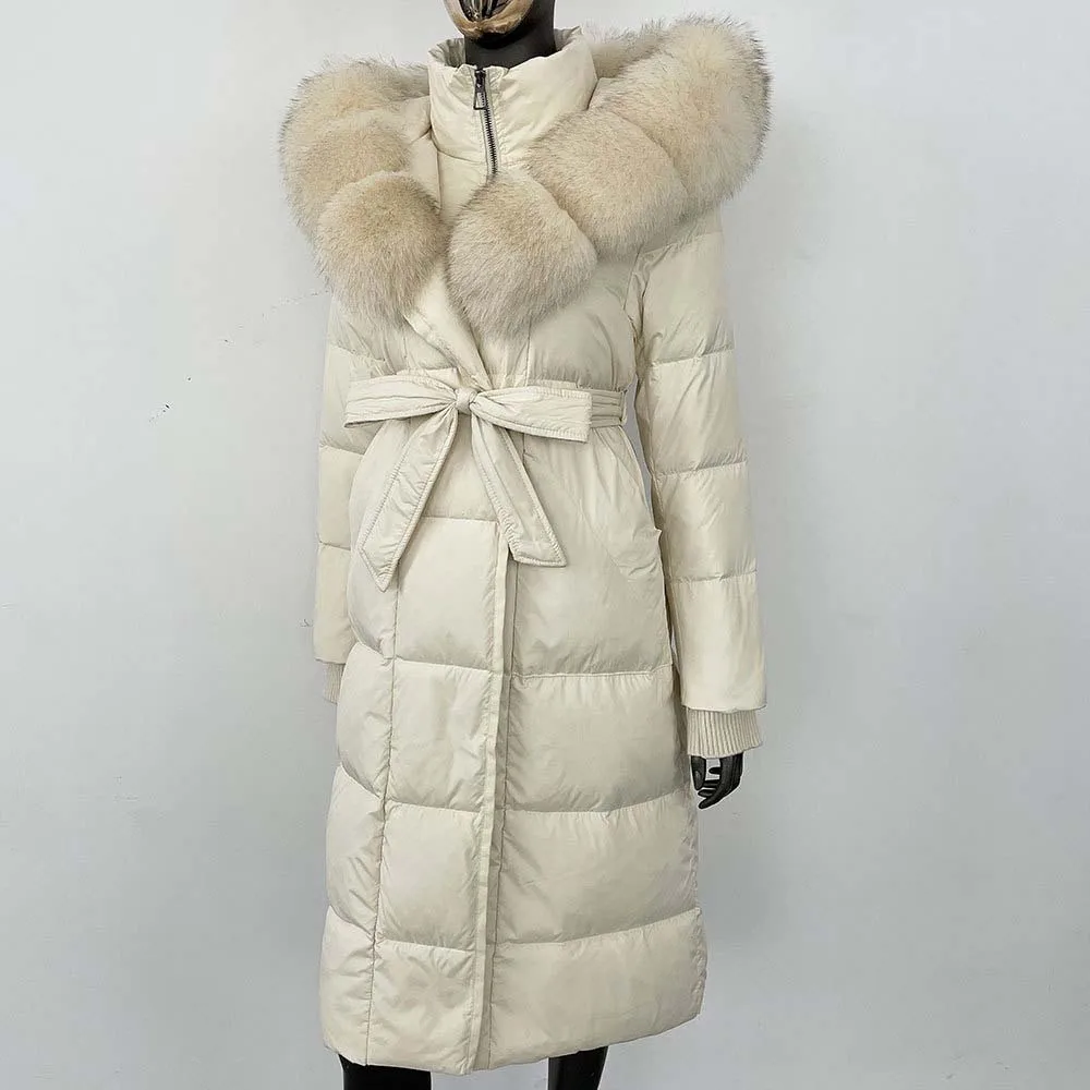 2025 롱 후드 패딩 재킷 여성용 신상 겨울 따뜻한 화이트 구스 다운 재킷 여성용 리얼 폭스 퍼 코트