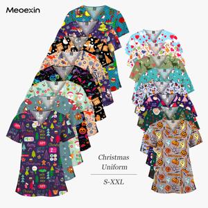 크리스마스와 할로윈 프린트 만화 스크럽 상의 의사 간호사 수술복 유니폼 의료 작업복 반팔 티셔츠