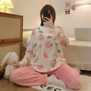 플란넬 따뜻한 잠옷 세트 여성용 패딩 플러스 사이즈 학생 잠옷 숙녀 달콤한 통기성 크루 넥 잠옷 Loungewear