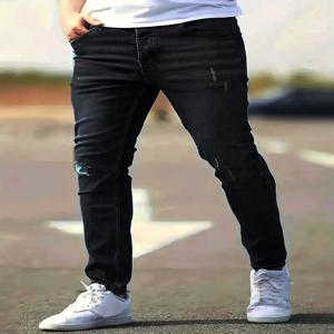 남성용 아메리칸 레트로 홀 펀치 스트레치 슬림핏 청바지 지퍼 캐주얼 스트리트웨어 데님 팬츠 클래식 블랙 블루 스키니 바지