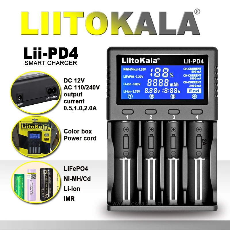 LiitoKala LII-PD4 스마트 배터리 충전기 Lii-PD2, 18650 26650 21700 18350 AA AAA 3.7V, 3.2V, 1.2V 리튬 NiMH 셀