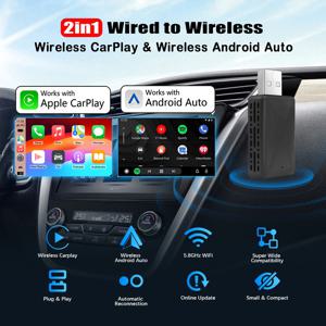 2025 2-in-1 무선 카플레이 안드로이드 오토 어댑터 미니 동글 5G 와이파이 BT5.0 플러그 앤 플레이 공장에서 제작된 유선 차량용 OTA 업데이트 지원