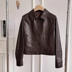 여성용 영국 스타일 라펠 정품 가죽 재킷, 싱글 브레스트 포켓, 다크 브라운 캐주얼 짧은 양가죽 재킷, 패션