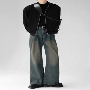 레트로 루즈핏 청바지 남녀공용 폴드 와이드 레그 팬츠 워싱 롱 팬츠 드레이핑 스트레이트 플로어 기장 트렌디 진
