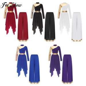 여성용 예배용 리리컬 드레스 찬양 댄스 의상 긴팔 드레스와 와이드 레그 팬츠 성가대 교회 댄스웨어