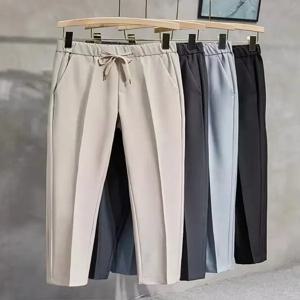 슬림핏 남성 스트레이트 레그 트라우저 캐주얼 무지 다림질 필요없는 9부 밴딩 드로스트링 가을 봄 커프스 팬츠