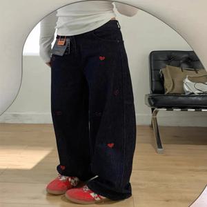 레트로 대형 자수 하트 데님 청바지 여성용 봄 여름 루즈 하이웨이스트 슬림 스트레이트 와이드 레그 팬츠