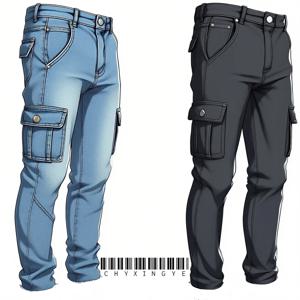 남성 스트릿 스타일 엘라스틱 워크웨어 청바지 워싱 솔리드 컬러 멀티 포켓 캐주얼 중간 허리 슬림핏 데일리웨어 조거 팬츠