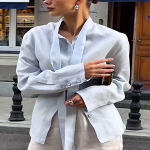 Wolfeel 100% 면 신상 가을 타이 벨트 셔츠 여성용 플로팅 리본 가디건 탑 출퇴근용 슬림 블라우스