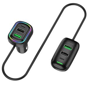 6포트 USB Type-C 전면 및 후면 확장 차량용 충전기(RGB 조명 포함) PD 아이폰 태블릿용 고속 충전 전원 어댑터