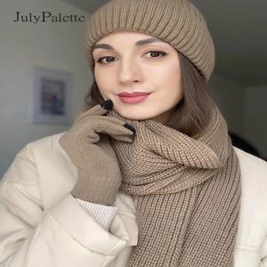 JulyPalette 솔리드 심플 니트 세트, 겨울 따뜻한 비니 모자, 긴 스카프 터치 스크린 장갑, 벨벳 모자, 남녀공용, 3 개