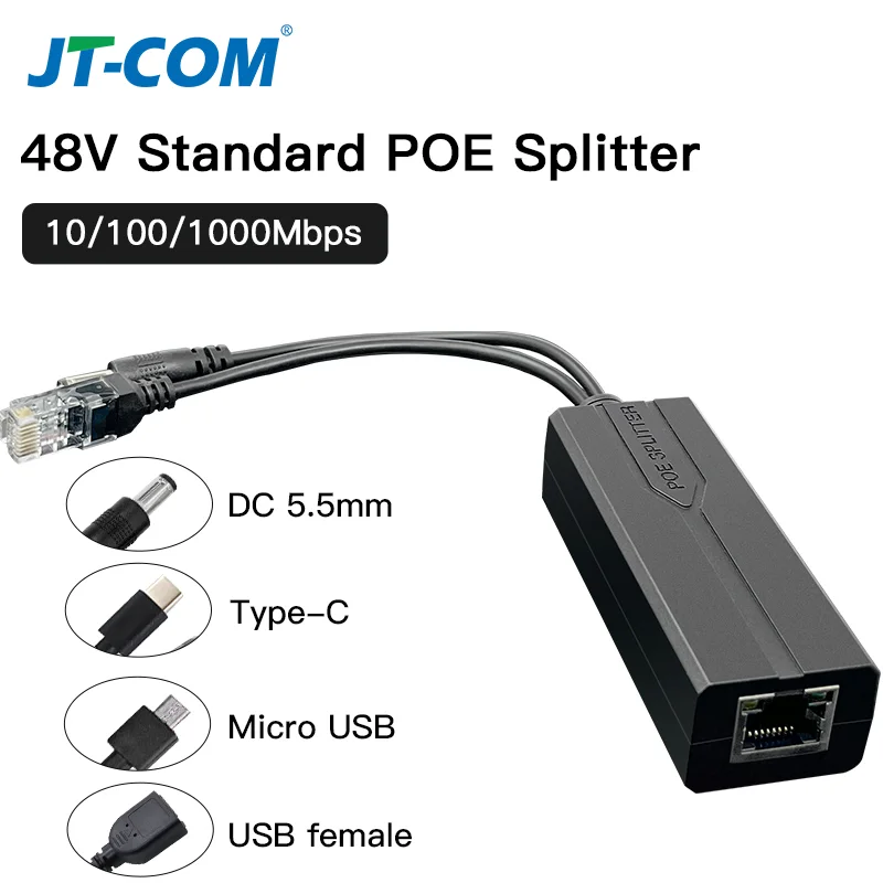 표준 POE 분배기 48V ~ 5V 12V 1.2A 2A 마이크로 USB tpye-C 100M/1000M POE 카메라 인젝터 전원 공급 장치(Huawei Hikvision용)