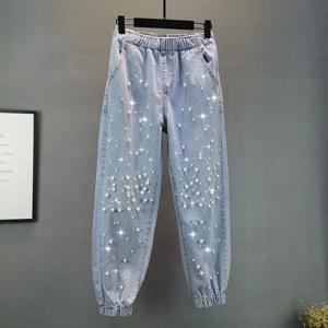 여성용 빅 사이즈 한국 청바지, 신축성 하이 웨이스트 하렌 데님 바지, 여성용 빈티지 스트리트웨어, 비즈 청바지, 5XL, 새로운 패션