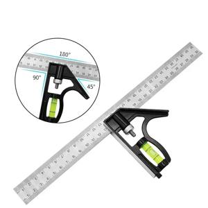 300mm 스테인리스 스틸 앵글 콤비네이션 스퀘어 자, 이동식 수평 조절 가능, 45도 직각 목공용 레벨