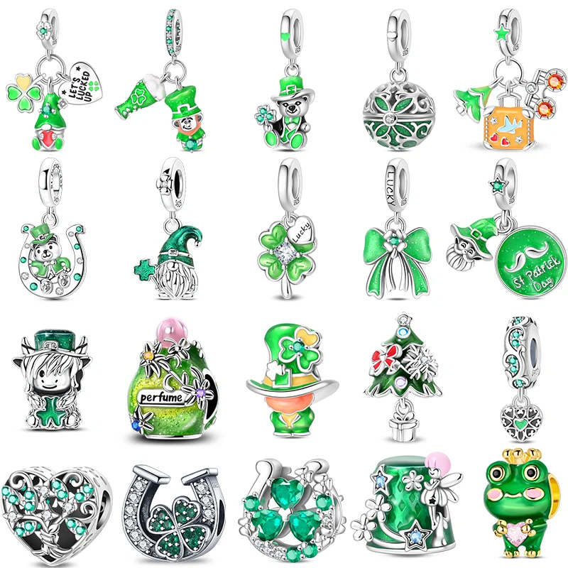 925 스털링 실버 그린 시리즈 성 패트릭 클로버 펜던트 DIY 참 비즈 오리지널 뱅글 참 팔찌 여성용 주얼리