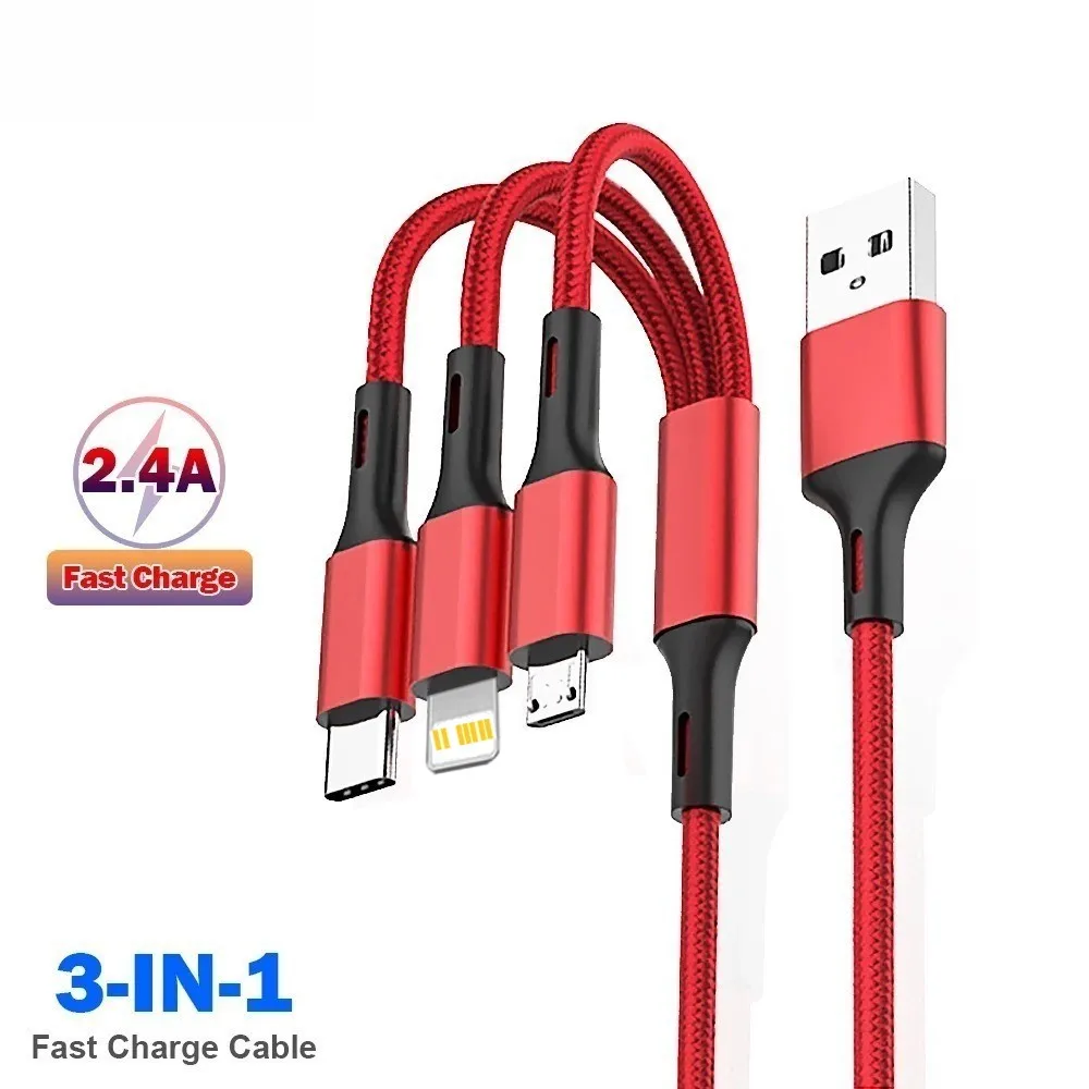 아이폰 샤오미 마이크로 USB 타입 C 충전 케이블 멀티 포트 다중 USB 충전 와이어 라인 1.2m 3in1 고속 충전 케이블
