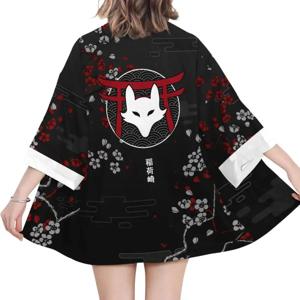 일본 Inari Fox Print 기모노 남성 여성 여름 아시아 전통 의상 유카타 하오리 붉은 꽃 카디건 코스프레 의상