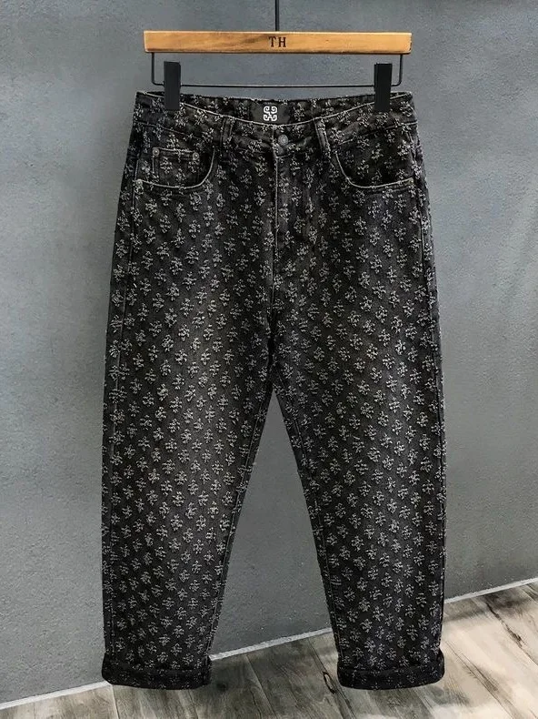 밀라노 디자이너 프리미엄 자수 공정 트렌디 헤비웨이트 남성 루즈 스트레이트 레그 진 아메리칸 하이 스트리트 스타일 캐주얼웨어