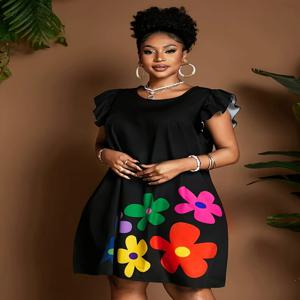 세련된 프린트 하이웨이스트 플러스 사이즈 숏 원피스