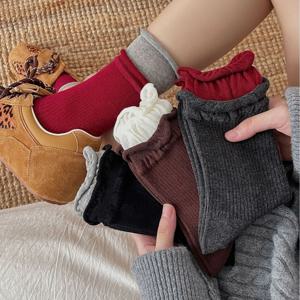 한국식 앙고라 레드 인조 투피스 컬러 매치 스타킹, 뼈 없는 심리스 퓨어 코튼 미드 종아리 양말