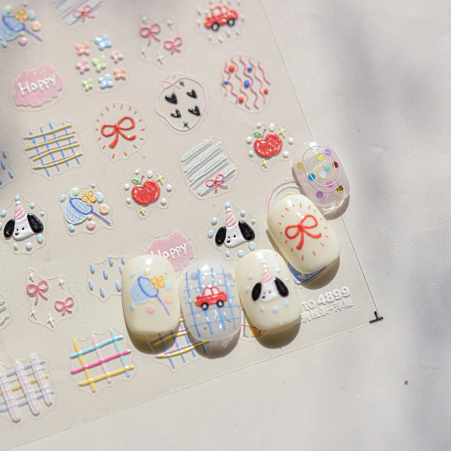 귀여운 동물 곰 개 케이크 달콤한 체리 그리드 Bowknot 스타 라인 과일 구호 자기 접착제 네일 아트 스티커 5D 매니큐어 데칼