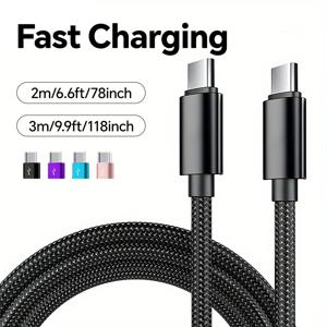 66W 5A 나일론 1m 2m 3m USB C to C 고속 충전 케이블 (아이폰 15 16 Pro Max, 삼성 S24, 샤오미, 오포용)