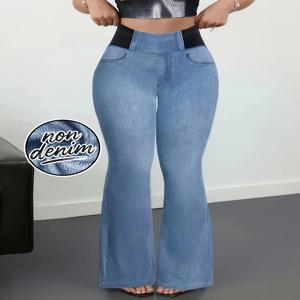 여성용 고탄성 데님 룩 플레어 팬츠 편안한 통기성 슬리밍 레트로 다용도 핏