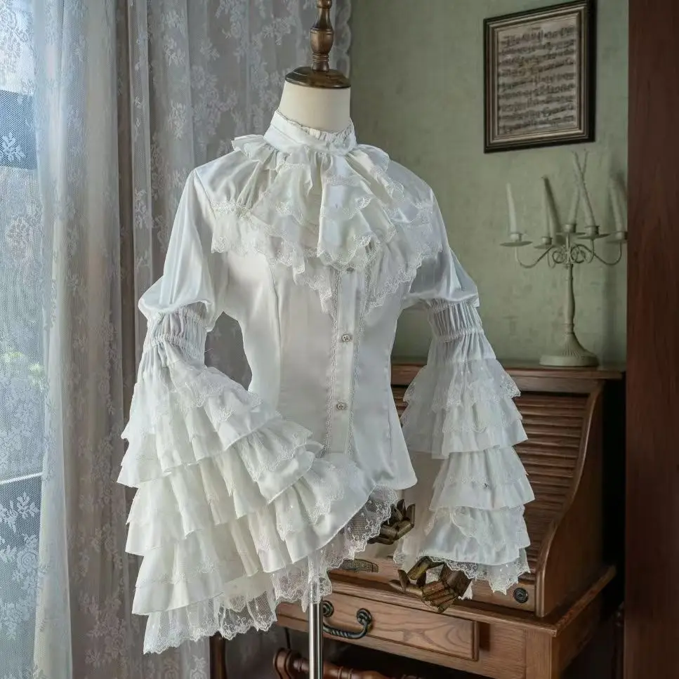 2025 일본 로리타 블라우스 화이트 - 레이스 소매가 있는 귀여운 퍼프 슬리브 셔츠, JSK 드레스용 스위트 빈티지 스타일 언더블라우스