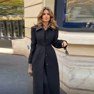 셔츠 칼라 슬림핏 블랙 코트 패션 싱글 브레스티드 롱 슬리브 하이 스트리트 오버코트 2025 신상 겨울 하이 스트리트 아우터웨어