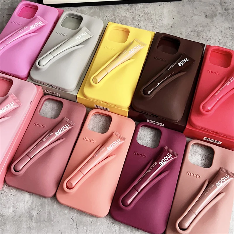 브랜드 RHODE 립글로스 케이스 아이폰 17 에어 16 15 14 13 12 11 프로 맥스 그레이 토스트 에스프레소 리본 립스틱 홀더 실리콘 커버