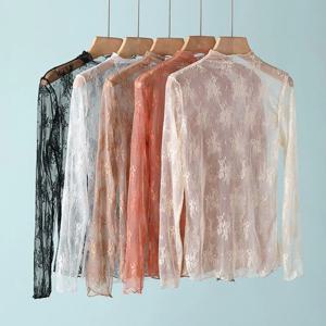 섹시 여성 메쉬 티셔츠 시스루 레이스 블라우스 긴팔 시스루 탑 여성용 이너웨어 셔츠 시어 티셔츠 바디 크롭탑