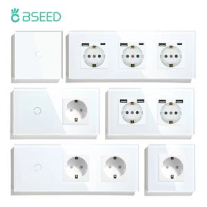 BSEED 단일 전원 콘센트 EU 벽 플러그 이중 소켓 USB Type-C 전화 충전 유리 패널 벽 터치 스위치 어린이 보호