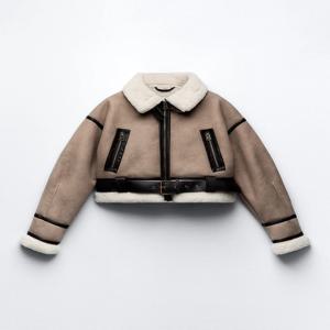 Ailegogo streetwear 여성 레트로 느슨한 스플 라이스 가짜 가죽 부드러운 모피 짧은 재킷 겨울 여성 지퍼 벨트 코트 빈티지 아웃웨어