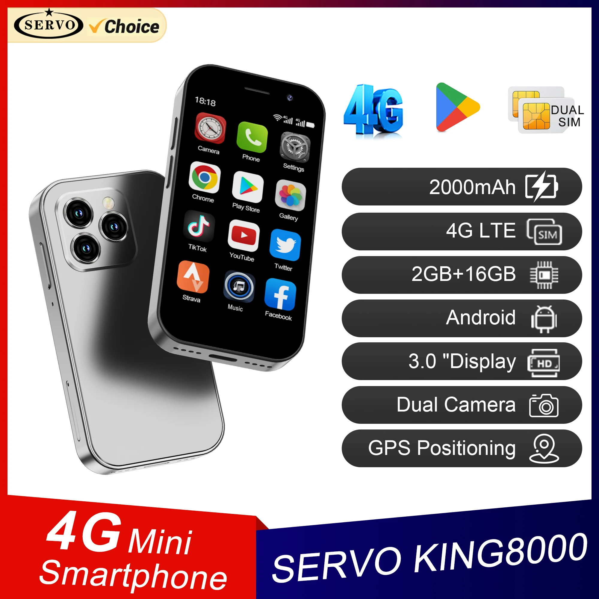 SERVO KING8000 4G 셀룰러 네트워크 미니 스마트폰 안드로이드 10.0 2GB+16GB 3인치 디스플레이 5MP 카메라 듀얼 SIM(플레이 스토어 WhatsAPP 포함)