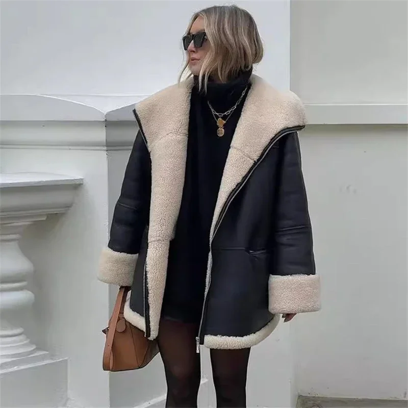 여성용 캐시미어 칼라 복합 가죽 재킷, 편안한 따뜻한 캐주얼 재킷, Y2k 하이 퀄리티, 가을 및 겨울 신상