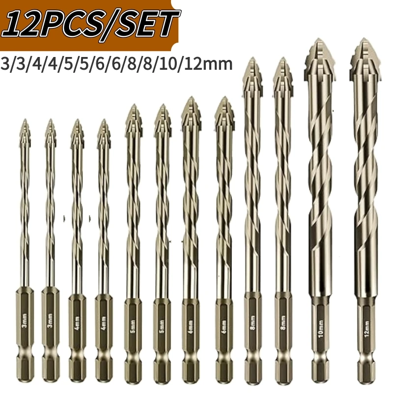 12PCS 3-12mm 4 플루트 톱니 편심 드릴 비트 세트 콘크리트 타일 세라믹 목재 드릴링 벽돌 드릴 비트 세트 도구