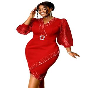 럭셔리 레드 이브닝 원피스 브이넥 비즈 벨트, 메쉬 랜턴, 긴 소매, 섹시한 여성 파티, 고급 사무실 숙녀 웨딩 하객 가운