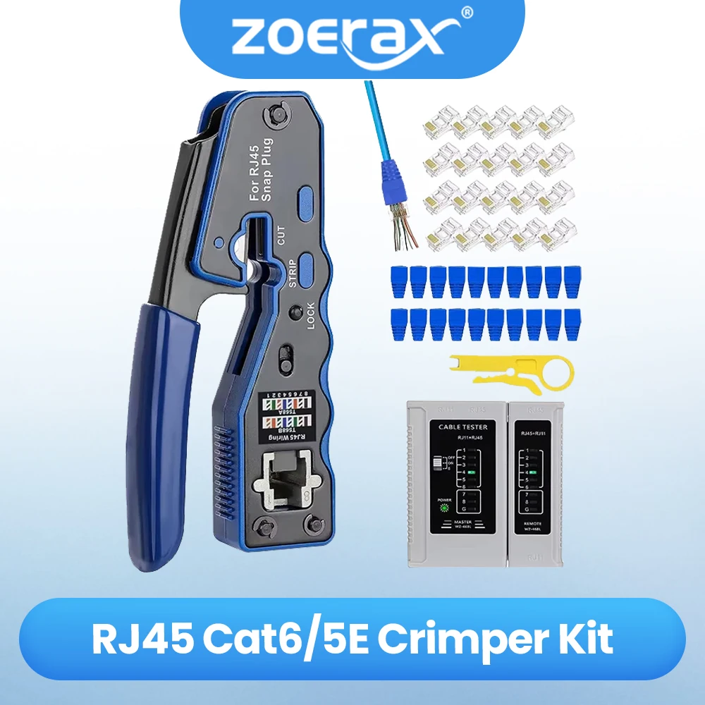 ZOERAX RJ45 압착 도구 키트 Cat5e Cat6 Cat6a 8P8C 모듈형 커넥터용 이더넷 크림퍼 및 테스터 통과