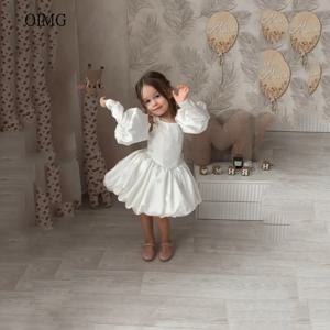 OIMG 간단한 구슬 아이보리 공 꽃의 소녀 드레스 스퀘어 넥 퍼프 슬리브 웨딩 파티 드레스 공주 생일 드레스 맞춤형