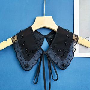 흑백 작은 칼라, 네일 비드 타이, 다용도 스타일, 페이크 칼라가 있는 새로운 오간자 자수 진주 장식 숄