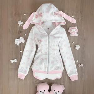 하라주쿠 일본 카와이 스웨터 만화 토끼 프린트 후드 Y2k 핑크 서브 컬쳐 보우 지퍼 업 후드 여성 슬림 애니메이션 후드