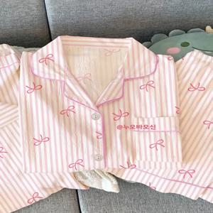 달콤한 여름 스트라이프 잠옷 반팔 캐주얼 홈웨어 얇은 3피스 세트 젊은 여성들을 위한 편안하고 통기성 좋은 파자마