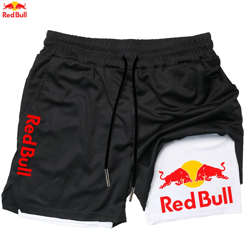 Red Bull 남성용 2 In1 더블 레이어 운동용 반바지 통기성 속건성 신축성 있는 허리밴드 내장 포켓 체육관 러닝 운동