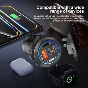 PD 3.0 QC 3.0 차량용 충전기 시가 라이터 소켓 방수 USB 고속 충전기 볼트미터 스위치 포함 12/24V 퀵 충전 어댑터