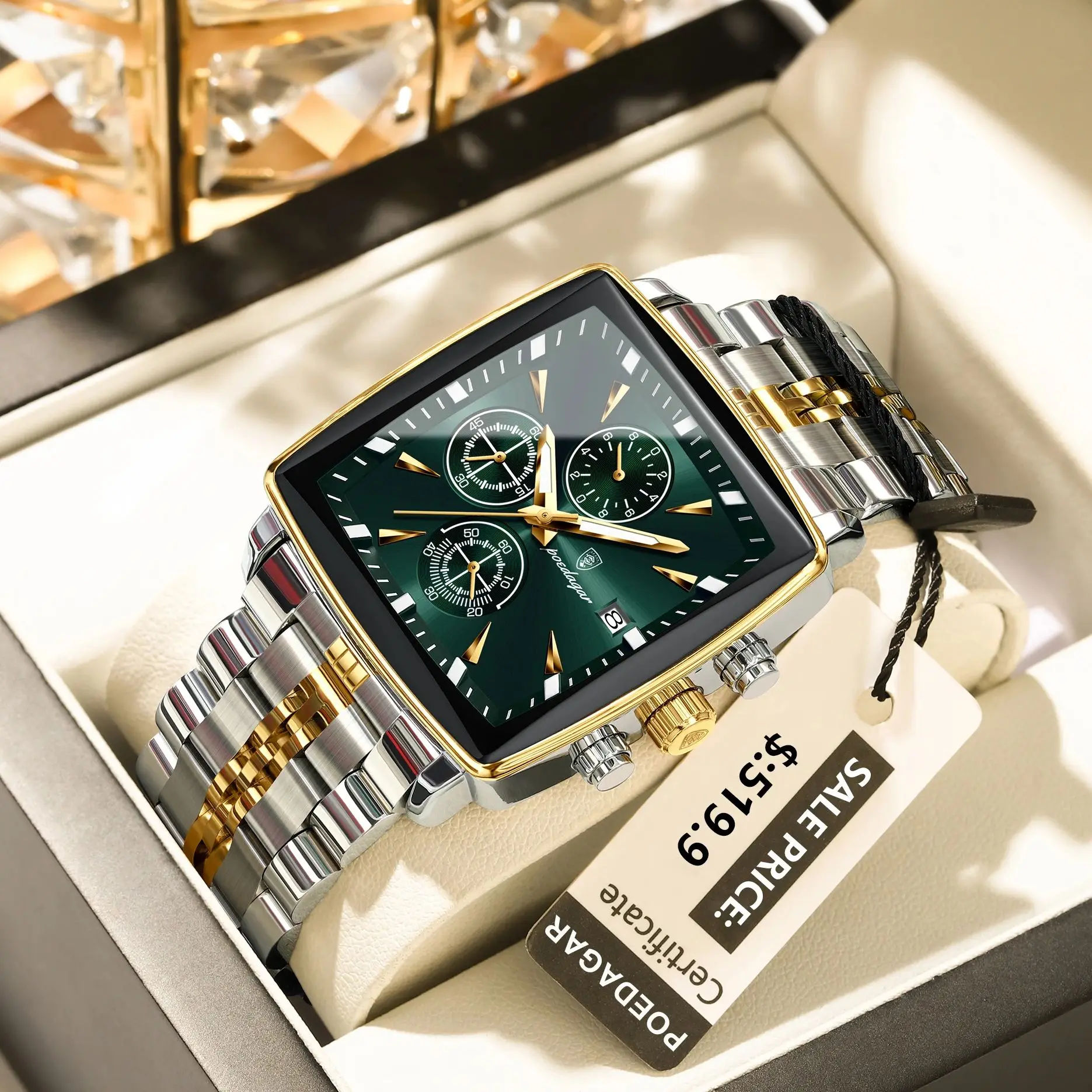 포에다가 최고급 남성용 손목시계 방수 야광 스테인리스 스틸 남성 시계 크로노그래프 날짜 비즈니스 쿼츠 남성 시계