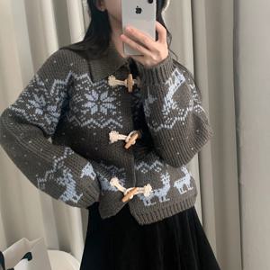 여성용 두꺼운 겨울 니트 스웨터 눈송이 디자인 버튼 업 가디건 따뜻한 북유럽 스타일 긴팔 탑