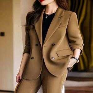 우아한 프로페셔널 여성 정장 세트 라이트 성숙 스타일 고급 블레이저 긴 소매 바지 폴리에스터 섬유 가을 시즌